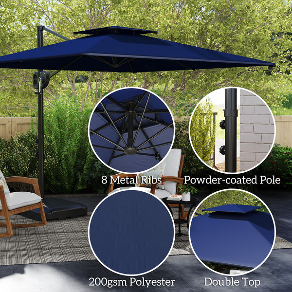 8' x 9' Square Cantilever Patio Umbrella with Fillable Base, Double Top Patio Hanging Offset Umbrella, Outdoor Cantilever Parasol with Crank & Tilt, Dark Blue