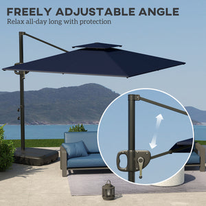 8' x 9' Square Cantilever Patio Umbrella with Fillable Base, Double Top Patio Hanging Offset Umbrella, Outdoor Cantilever Parasol with Crank & Tilt, Dark Blue