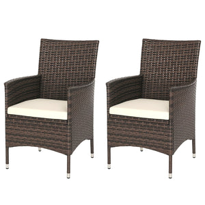 2 Pieces Outdoor PE Rattan Dining Chairs Set with Cushion, Garden Armchair with Armrests, High Backrest, Metal Frame Patio Wicker Furniture, Mixed Brown