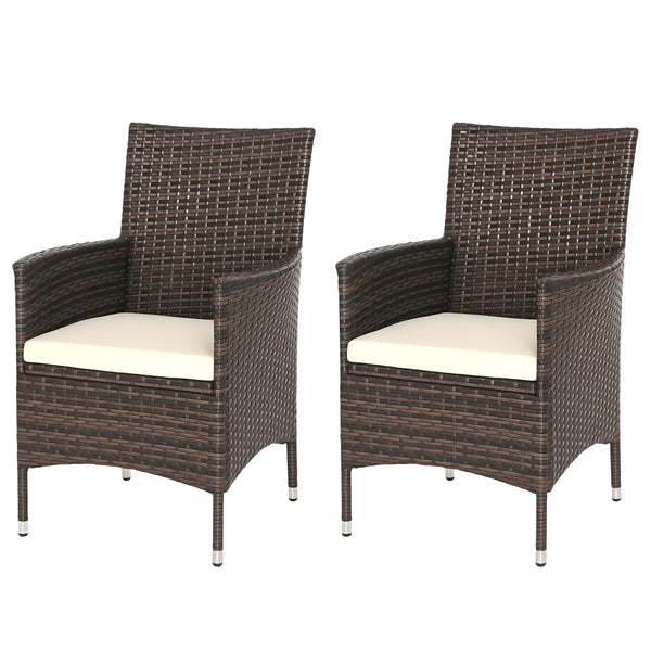 2 Pieces Outdoor PE Rattan Dining Chairs Set with Cushion, Garden Armchair with Armrests, High Backrest, Metal Frame Patio Wicker Furniture, Mixed Brown