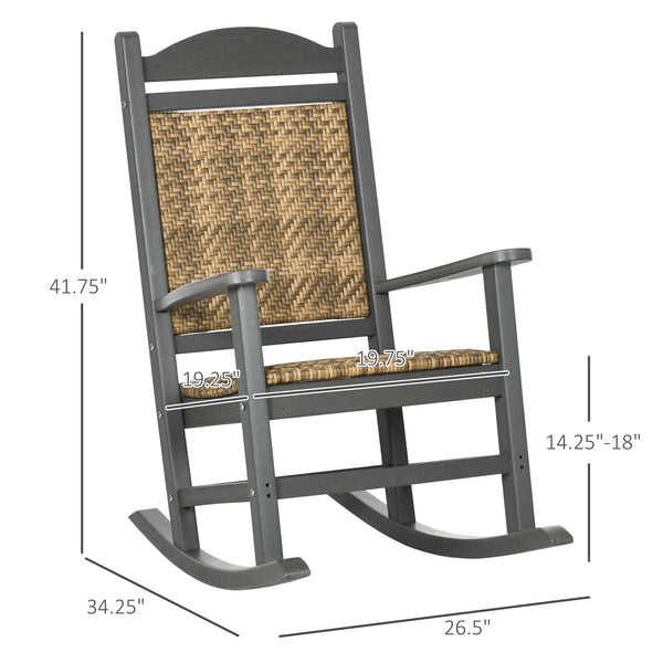 Outsunny Outdoor Rocking Chair, Traditional Wicker Porch Rocker w/ Soft Padded Seat, Breathable Backrest, Fade-Resistant Waterproof HDPE Frame with PE Rattan for Indoor & Outdoor, Dark Gray