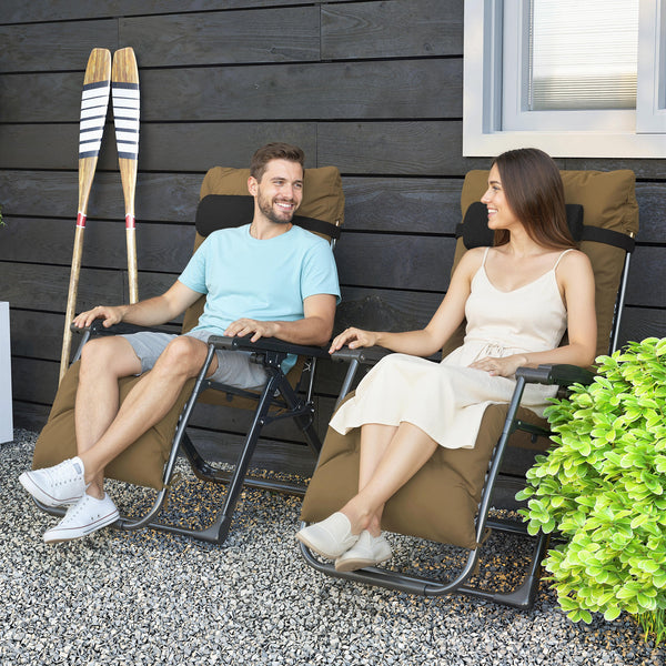 Reclining Zero Gravity Chair with Adjustable Backrest, Folding Garden Sun Lounger, Outdoor Recliner with Removable Cushion and Headrest, 2 Pieces, Khaki