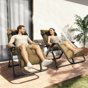 Reclining Zero Gravity Chair with Adjustable Backrest, Folding Garden Sun Lounger, Outdoor Recliner with Removable Cushion and Headrest, 2 Pieces, Khaki