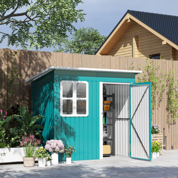 7 x 4ft Storage Shed Galvanised Steel Garden Shed, Metal Shed with Foundation Kit, Window, Lockable Wide Door and Air Vents for Outdoor Patio, Green