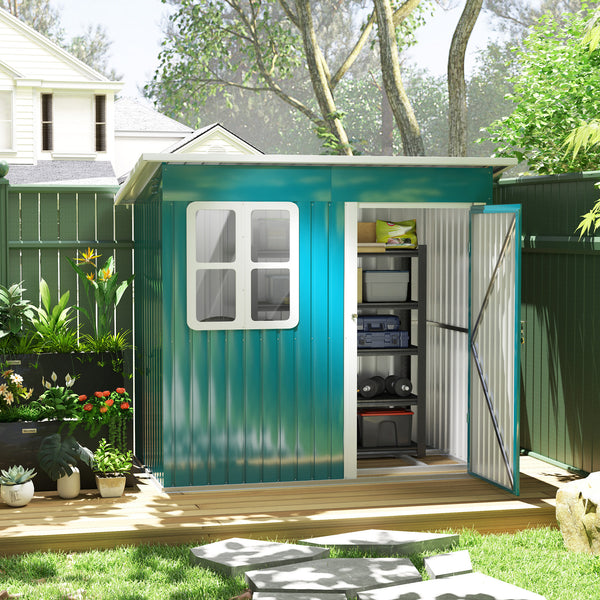 7 x 4ft Storage Shed Galvanised Steel Garden Shed, Metal Shed with Foundation Kit, Window, Lockable Wide Door and Air Vents for Outdoor Patio, Green