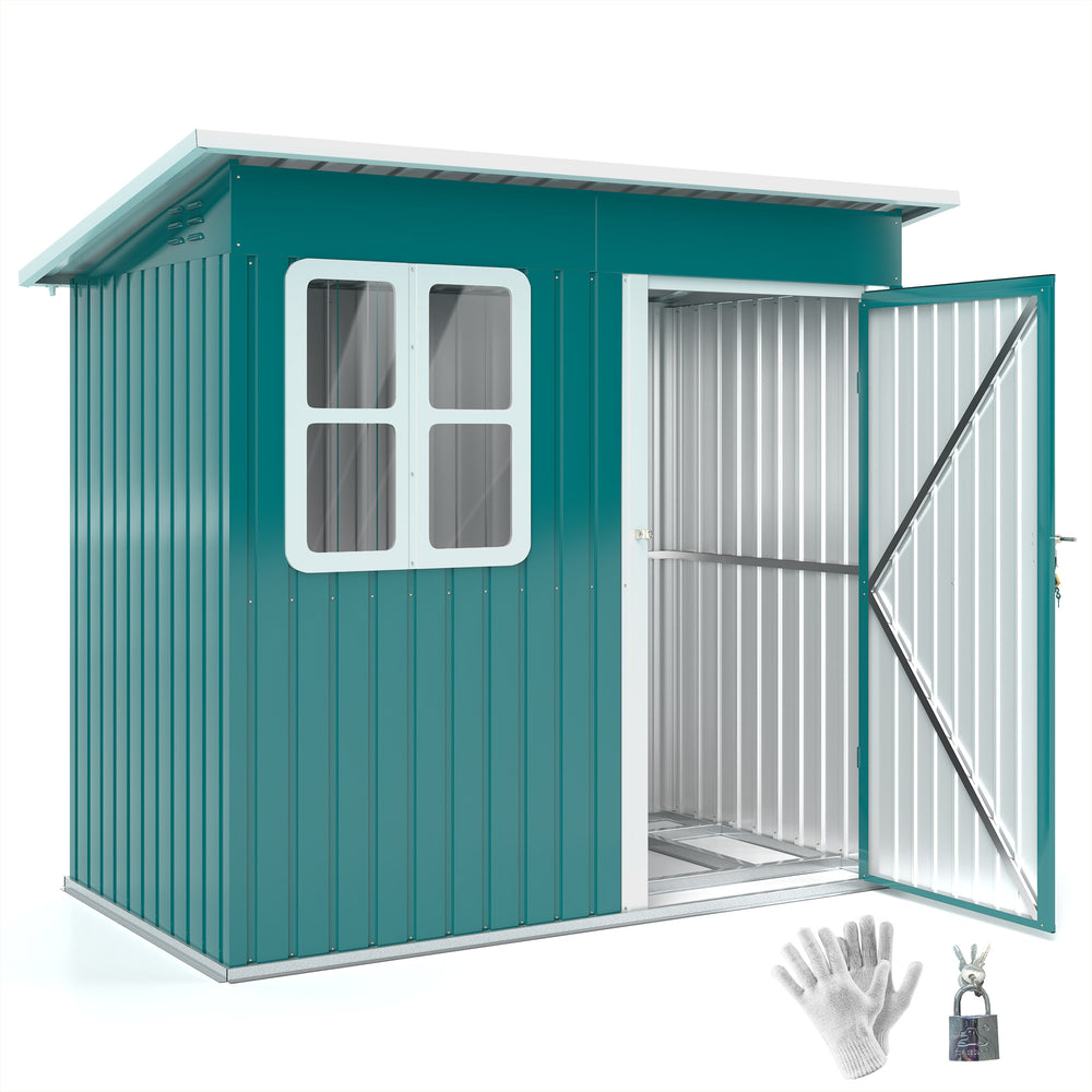7 x 4ft Storage Shed Galvanised Steel Garden Shed, Metal Shed with Foundation Kit, Window, Lockable Wide Door and Air Vents for Outdoor Patio, Green