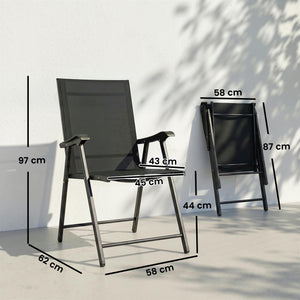 Folding Garden Chairs Set of 2, Foldable Garden Dining Chairs with High Back and Armrests, Breathable Texteline Folding Outdoor Chair Set with Metal Frame for Patio, Balcony, Black