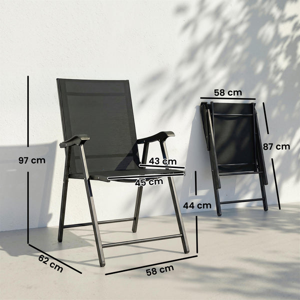 Folding Garden Chairs Set of 2, Foldable Garden Dining Chairs with High Back and Armrests, Breathable Texteline Folding Outdoor Chair Set with Metal Frame for Patio, Balcony, Black