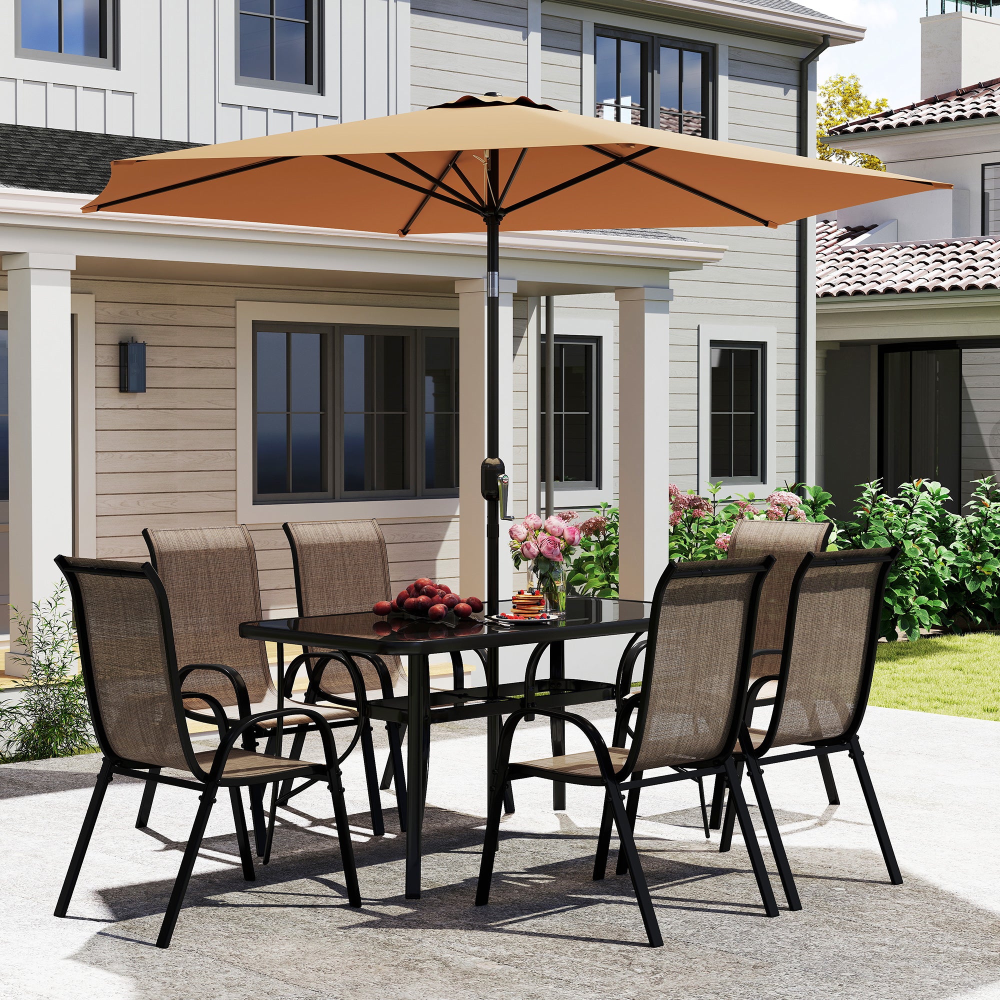 high top patio table umbrella Outsunny 8-Piece Patio Dining Set with 9 Ft Umbrella, Mixed Brown
