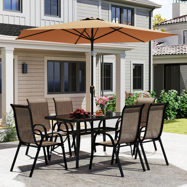 8 Pieces Patio Table and Chairs Set with 9 Ft Patio Umbrella, Outdoor Dining Set with 4.6 Ft Dining Table and 6 Chairs, Push Button Tilt and Crank Parasol, Tempered Glass Top, Mixed Brown