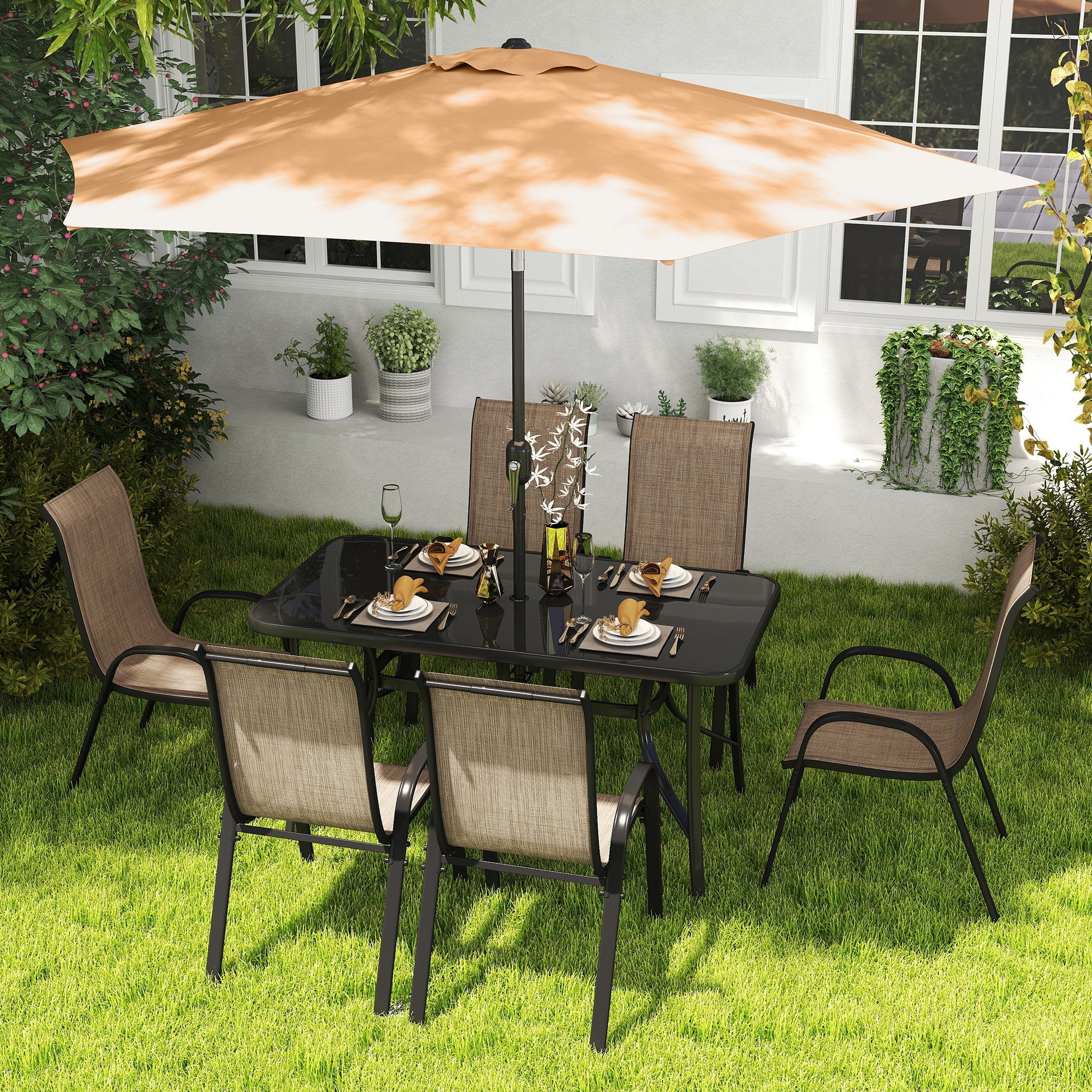 cheap patio table with umbrella Outsunny 8-Piece Patio Dining Set with 9 Ft Umbrella, Mixed Brown