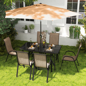 8 Pieces Patio Table and Chairs Set with 9 Ft Patio Umbrella, Outdoor Dining Set with 4.6 Ft Dining Table and 6 Chairs, Push Button Tilt and Crank Parasol, Tempered Glass Top, Mixed Brown