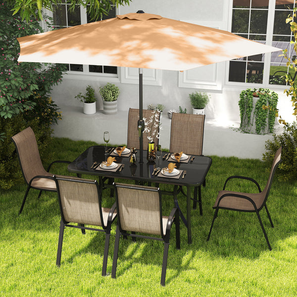 8 Pieces Patio Table and Chairs Set with 9 Ft Patio Umbrella, Outdoor Dining Set with 4.6 Ft Dining Table and 6 Chairs, Push Button Tilt and Crank Parasol, Tempered Glass Top, Mixed Brown