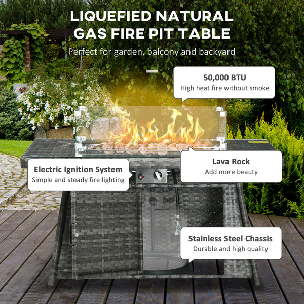 6 Seater Rattan Garden Furniture Set, Gas Fire Pit Table, Wicker Loveseat, 2 Armchairs and 2 Footstools, 6 Piece Patio Rattan furniture Sofa Sets with Cushions for Conservatory, Grey