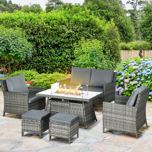 6 Seater Rattan Garden Furniture Set, Gas Fire Pit Table, Wicker Loveseat, 2 Armchairs and 2 Footstools, 6 Piece Patio Rattan furniture Sofa Sets with Cushions for Conservatory, Grey