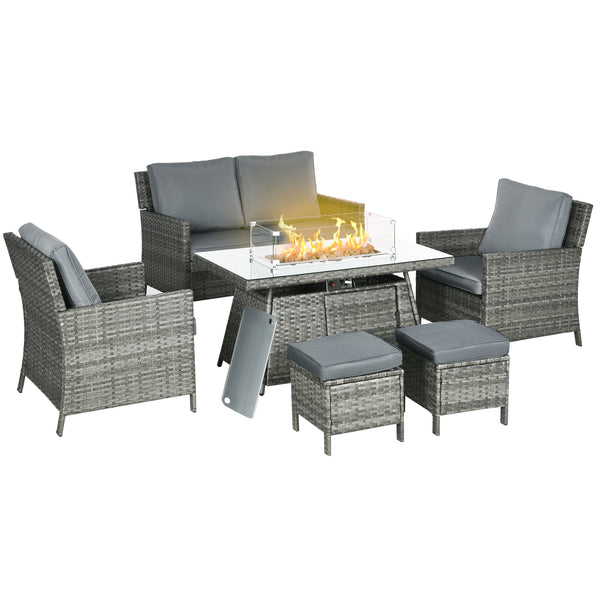 6 Seater Rattan Garden Furniture Set, Gas Fire Pit Table, Wicker Loveseat, 2 Armchairs and 2 Footstools, 6 Piece Patio Rattan furniture Sofa Sets with Cushions for Conservatory, Grey