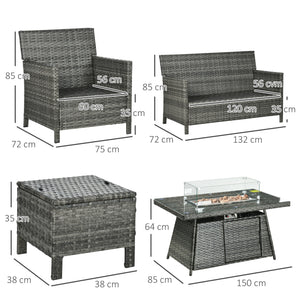 6 Seater Rattan Garden Furniture Set, Gas Fire Pit Table, Wicker Loveseat, 2 Armchairs and 2 Footstools, 6 Piece Patio Rattan furniture Sofa Sets with Cushions for Conservatory, Grey