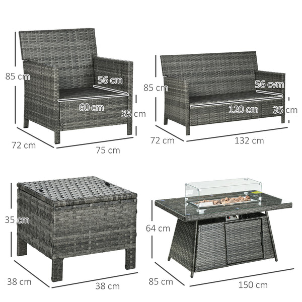 6 Seater Rattan Garden Furniture Set, Gas Fire Pit Table, Wicker Loveseat, 2 Armchairs and 2 Footstools, 6 Piece Patio Rattan furniture Sofa Sets with Cushions for Conservatory, Grey