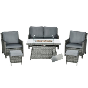 6 Seater Rattan Garden Furniture Set, Gas Fire Pit Table, Wicker Loveseat, 2 Armchairs and 2 Footstools, 6 Piece Patio Rattan furniture Sofa Sets with Cushions for Conservatory, Grey