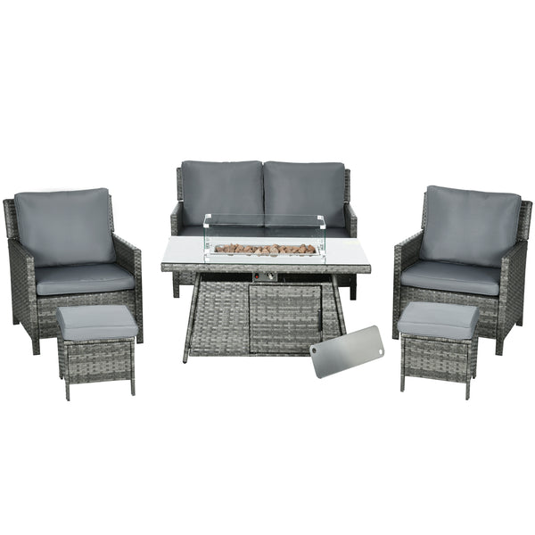 6 Seater Rattan Garden Furniture Set, Gas Fire Pit Table, Wicker Loveseat, 2 Armchairs and 2 Footstools, 6 Piece Patio Rattan furniture Sofa Sets with Cushions for Conservatory, Grey