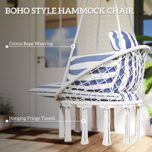 Hammock Swing Chair, Outdoor Hanging Chair with Large Cushion, Cotton Rope Weaving Macrame Swing with Chain, 265 LBS Capacity for Indoor, Outdoor, Bedroom, Patio, Balcony, Blue and White