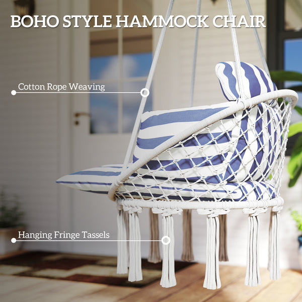 Hammock Swing Chair, Outdoor Hanging Chair with Large Cushion, Cotton Rope Weaving Macrame Swing with Chain, 265 LBS Capacity for Indoor, Outdoor, Bedroom, Patio, Balcony, Blue and White
