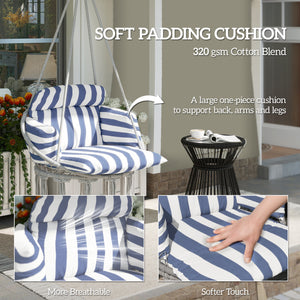 Hammock Swing Chair, Outdoor Hanging Chair with Large Cushion, Cotton Rope Weaving Macrame Swing with Chain, 265 LBS Capacity for Indoor, Outdoor, Bedroom, Patio, Balcony, Blue and White