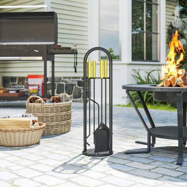 Fireplace Tools Set 5 Pieces Metal Fire Place Kit, Outdoor Indoor Fireside Accessories with Brush, Shovel, Poker, A Pair of Tongs, Stand, Gold