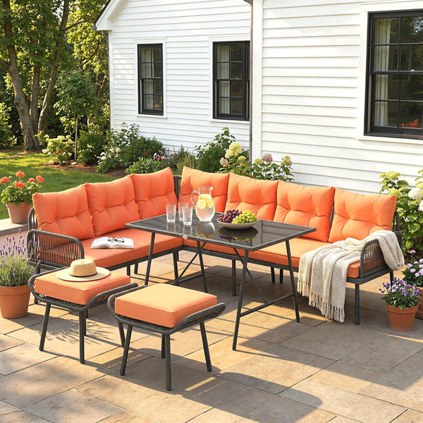 6 Piece Rattan Garden Furniture Set, 8 Seater Garden Corner Sofa with Cushions and Glass Top Table, Sectional Outdoor Furniture Conservatory Set for Patio, Orange