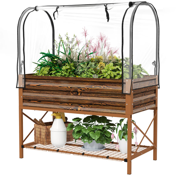 Outsunny Raised Garden Bed with Cover and Storage Shelf, Rectangular Metal Elevated Planter Box with Legs and Bed Liner for Vegetables, Flowers, Herbs, Dark Brown