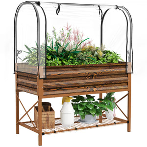 Outsunny Raised Garden Bed with Cover and Storage Shelf, Rectangular Metal Elevated Planter Box with Legs and Bed Liner for Vegetables, Flowers, Herbs, Dark Brown