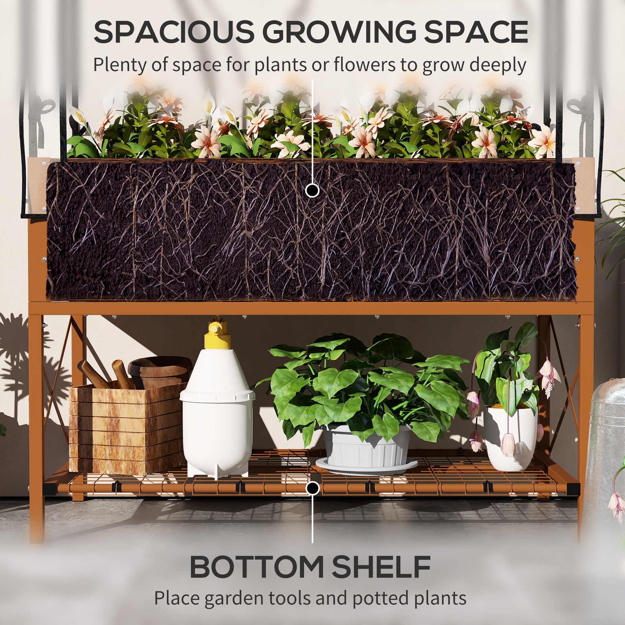 indoor raised planter Outsunny 40" x 20" x 10" Galvanized Raised Beds, Raised Planter Metal with Bottom Storage Shelf and Bed Liner for Flowers, Brown