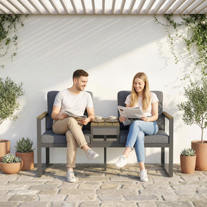Outdoor Garden Bench, Patio Bench with Metal Frame, Integrated Center Table and Thick Cushions, 2-Seat Patio Loveseat, Light Grey