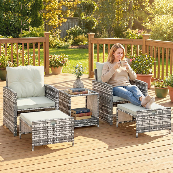 5 Piece Patio Furniture Set, Wicker Patio Chairs with Ottomans, 2-Tier Glass Coffee Table, Cushions, Outdoor Patio Furniture Conversation Set for Balcony, Grey/Cream White