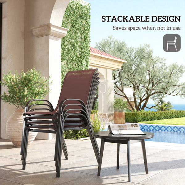 Outsunny Outdoor Dining Chairs Set of 4, Stackable Patio Dining Chairs, High Back Outdoor Patio Chairs with Breathable Mesh Seat, Metal Frame for Garden Lawn Backyard, Brown