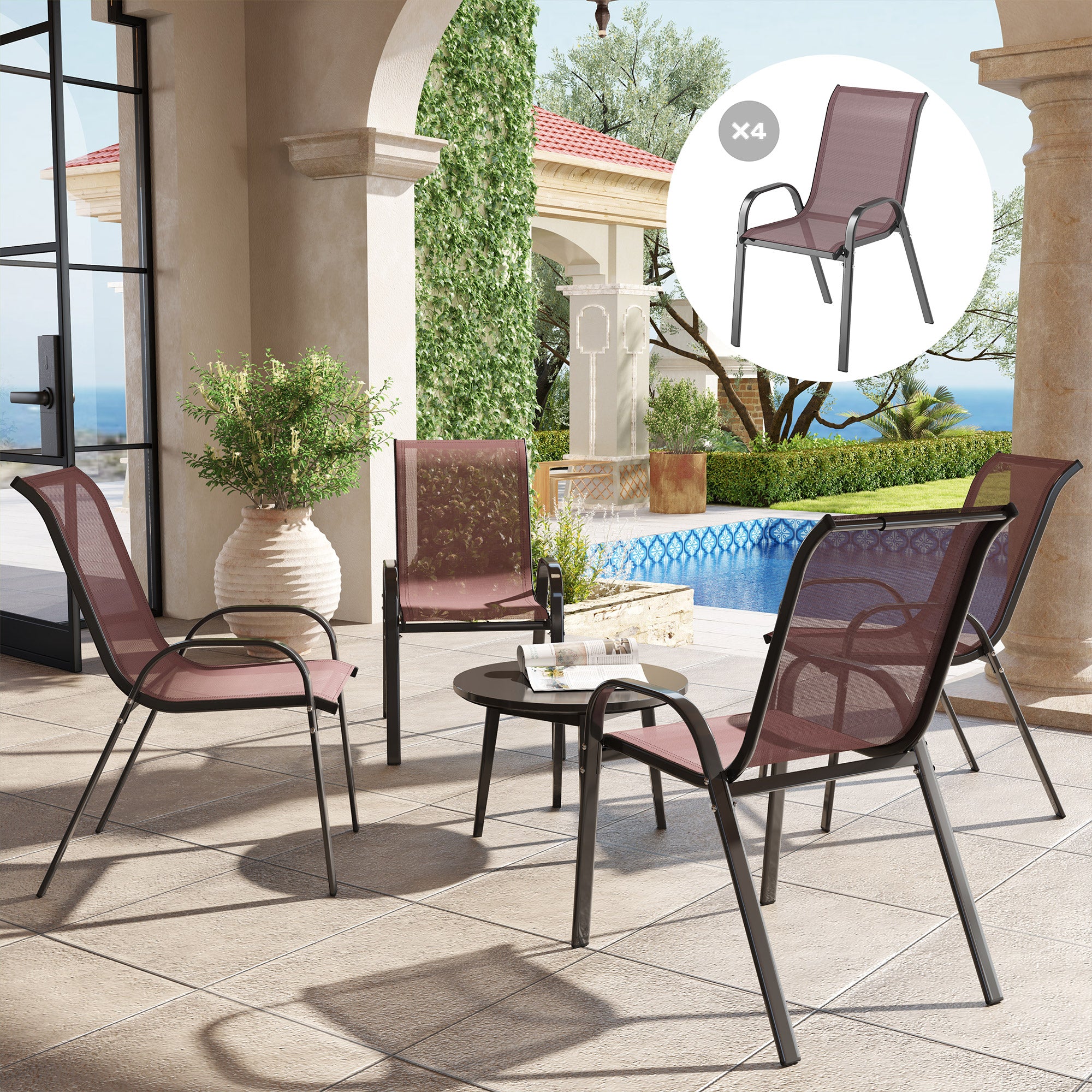 Outsunny Stackable Patio Chairs with High Back, Breathable Mesh