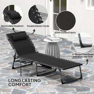 Folding Chaise Lounge Chair Outdoor Tanning Chair with Side Table, 5-Level Adjustable Beach Lounge Chair with Headrest, Side Pocket for Patio, Backyard, Beach, Poolside, Black