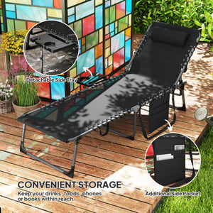 Folding Chaise Lounge Chair Outdoor Tanning Chair with Side Table, 5-Level Adjustable Beach Lounge Chair with Headrest, Side Pocket for Patio, Backyard, Beach, Poolside, Black