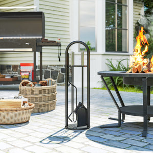 Fireplace Tools Set 5 Pieces Metal Fire Place Kit, Outdoor Indoor Fireside Accessories with Brush, Shovel, Poker, A Pair of Tongs, Stand, Silver