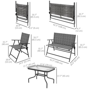 Outdoor 4 Pieces Patio Furniture Set with Foldable Armchairs and Loveseat, Small Patio Coffee Set with Glass Top Table for Backyard Lawn Porch Garden Balcony, Mixed Grey