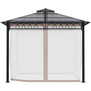 3 x 3 (m) Outdoor Polycarbonate Gazebo, Double Roof Hard Top Gazebo with Galvanised Steel Frame, Nettings & Curtains for Garden, Lawn, Patio and Deck, Khaki