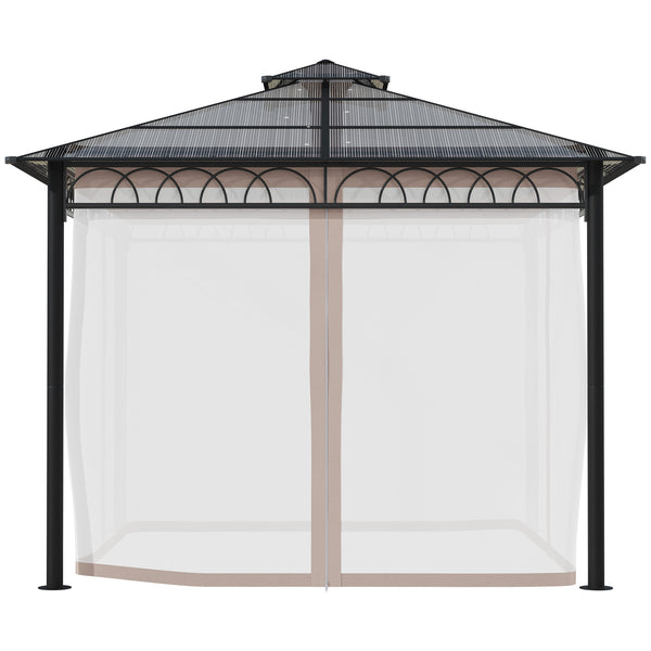 3 x 3 (m) Outdoor Polycarbonate Gazebo, Double Roof Hard Top Gazebo with Galvanised Steel Frame, Nettings & Curtains for Garden, Lawn, Patio and Deck, Khaki