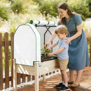 Raised Garden Bed with PE Greenhouse Cover Outdoor Elevated Wood Planter Box for Herbs and Vegetables, Use for Patio, Backyard, Balcony, 35 x 22 x 47 inch, Natural