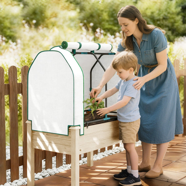 Raised Garden Bed with PE Greenhouse Cover Outdoor Elevated Wood Planter Box for Herbs and Vegetables, Use for Patio, Backyard, Balcony, 35 x 22 x 47 inch, Natural