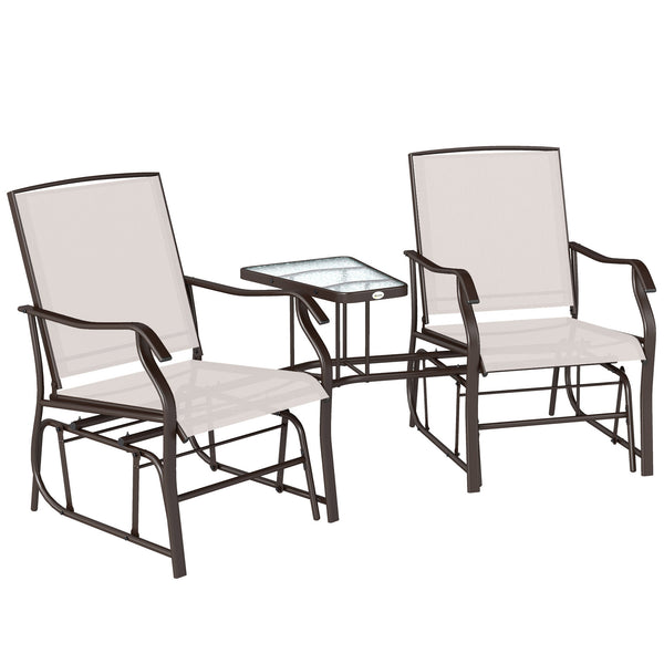 Outdoor Glider Chairs with Coffee Table, Patio 2-Seat Rocking Chair Swing Loveseat with Breathable Sling for Backyard, Garden, and Porch, Beige