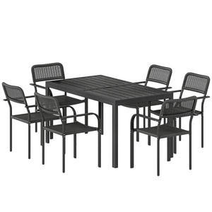 7 Pieces Garden Dining Set, Garden Table and Chairs Set 6 with Faux Rattan Stackable Chairs, Wood Effect Metal Top Table, Umbrella Hole, Outdoor Furniture for Patio Porch Terrace, Black
