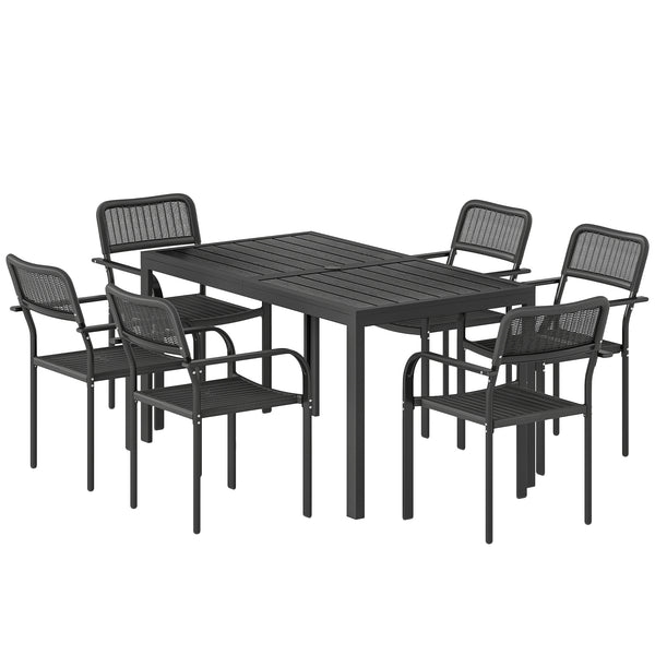 7 Pieces Garden Dining Set, Garden Table and Chairs Set 6 with Faux Rattan Stackable Chairs, Wood Effect Metal Top Table, Umbrella Hole, Outdoor Furniture for Patio Porch Terrace, Black