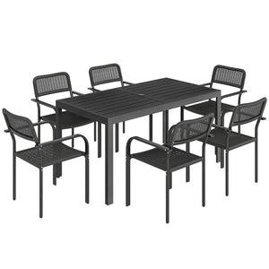 7 Pieces Garden Dining Set, Garden Table and Chairs Set 6 with Faux Rattan Stackable Chairs, Wood Effect Metal Top Table, Umbrella Hole, Outdoor Furniture for Patio Porch Terrace, Black