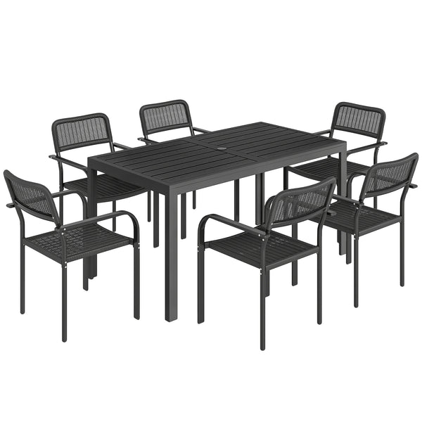 7 Pieces Garden Dining Set, Garden Table and Chairs Set 6 with Faux Rattan Stackable Chairs, Wood Effect Metal Top Table, Umbrella Hole, Outdoor Furniture for Patio Porch Terrace, Black