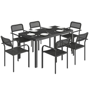 7 Pieces Garden Dining Set, Garden Table and Chairs Set 6 with Faux Rattan Stackable Chairs, Wood Effect Metal Top Table, Umbrella Hole, Outdoor Furniture for Patio Porch Terrace, Black